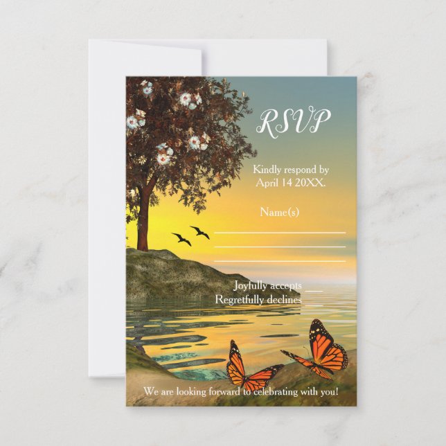 Artistic Lake Waterfront Butterfly RSVP Card (Front)