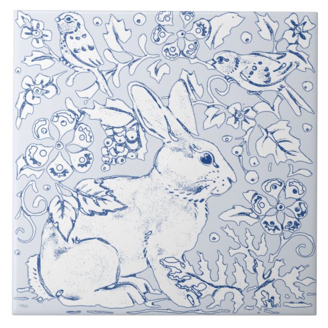 Artistic Light Blue Bunny Rabbit Bird Floral Delft Tile (Front)