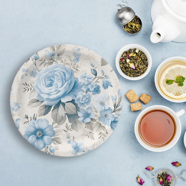 Artistic Light Pastel Blue Roses Paper Plate (Creator Uploaded)