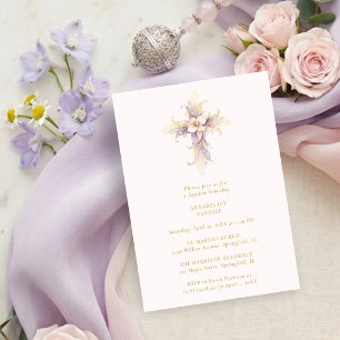 Artistic Lilac Floral Christian Cross Baptism Invitation