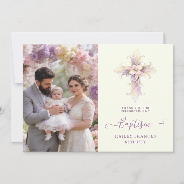 Artistic Lilac Floral Christian Cross Baptism Thank You Card (Front)
