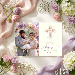 Artistic Lilac Floral Christian Cross Baptism Thank You Card