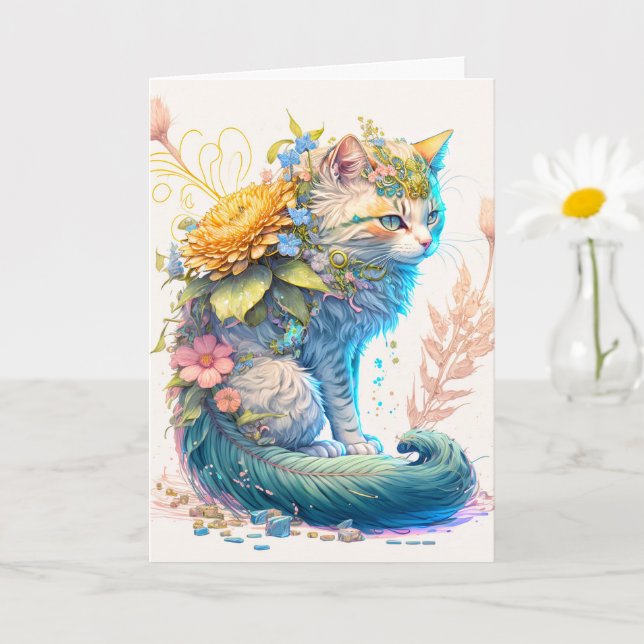 Artistic Majestic Kitty Cat Illustration Card (Small Plant)