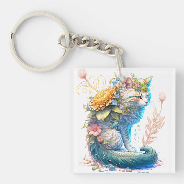 Artistic Majestic Kitty Cat Illustration Key Ring (Front)