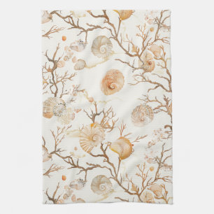 Artistic Marine Coral Seashell Terracotta Ivory Tea Towel