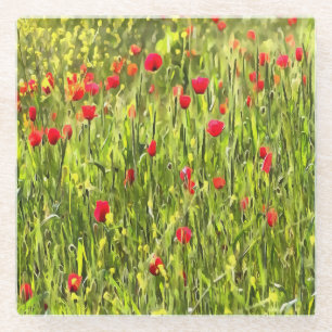 Artistic Meadow Poppy Landscape Glass Coaster