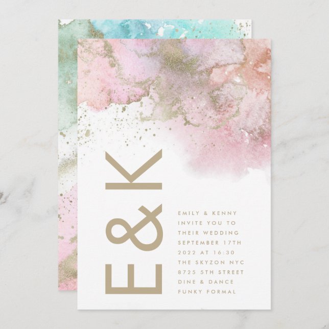 Artistic Modern Foil Watercolor Monogram Wedding Invitation (Front/Back)
