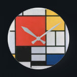 artistic, Mondrian, minimalist,  Round Clock<br><div class="desc">artistic,  Mondrian,  minimalist,  colourful,  modern,  abstract,  simple,  trendy,  colourful,  colours,  fashion,  artist,  vector,  blocks,  red,  blue,  yellow,  stylish,  fun,  rectangles,  squares,  pop,  piet mondrian,  colours,  black,  lines, </div>