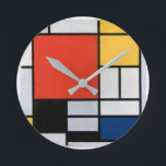 artistic, Mondrian, minimalist,  Round Clock<br><div class="desc">artistic,  Mondrian,  minimalist,  colourful,  modern,  abstract,  simple,  trendy,  colourful,  colours,  fashion,  artist,  vector,  blocks,  red,  blue,  yellow,  stylish,  fun,  rectangles,  squares,  pop,  piet mondrian,  colours,  black,  lines, </div>