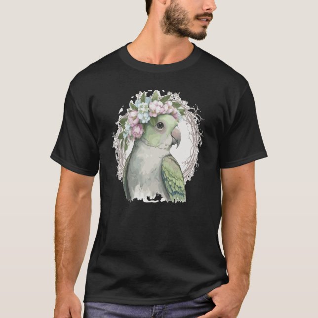 Artistic Monk Parakeet Quaker Parrot Bird Flower C T-Shirt (Front)
