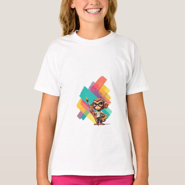 Artistic Monkey Painter with Colourful Brush Strok T-Shirt (Front)