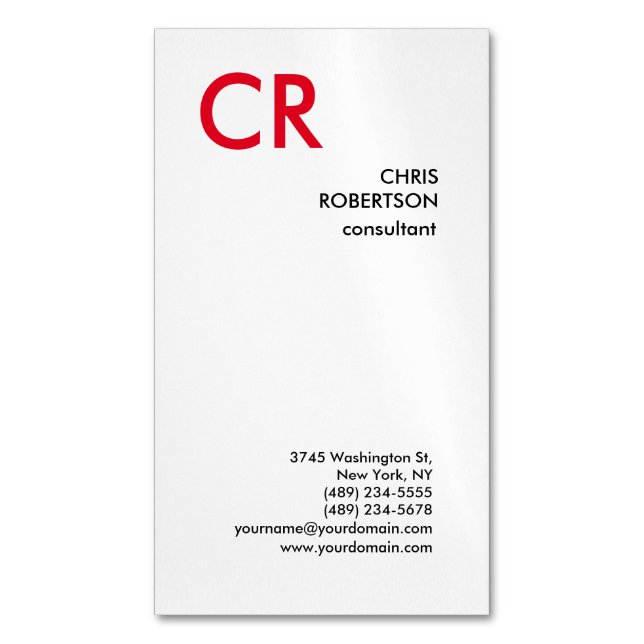 Artistic Monogram Black White Red Magnetic Business Card (Front Vertical)