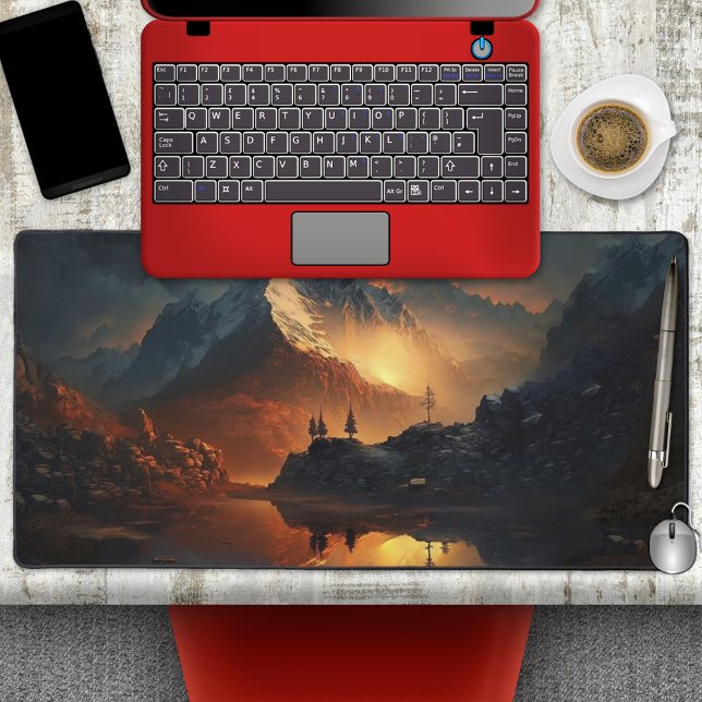 Artistic Mountain Landscape Desk Mat (Desk mat featuring a painting of a magical mountain scene.)