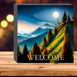 Artistic Mountain Landscape Wooden Box Sign<br><div class="desc">This wooden box sign with an artistic depiction of a mountain landscape at moonlight is a unique accent for any lodge,  cabin or mountain side home.</div>