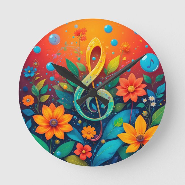 Artistic Musical Note Surrounded By Colourful Flow Round Clock (Front)