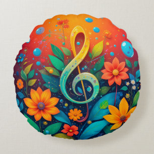 Artistic Musical Note Surrounded By Colourful Flow Round Cushion