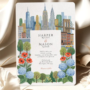 Artistic NYC Skyline Blue Hydrangea Red Poppy Wedd Invitation