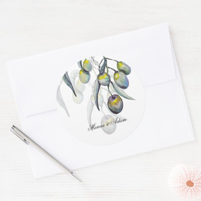 Artistic Olive Hand-painted Watercolor  Classic Round Sticker (Envelope)