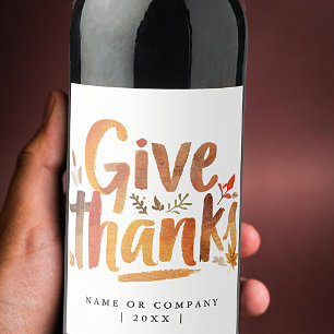 Artistic Orange GiveThanks  Autumn Brush Script Wine Label