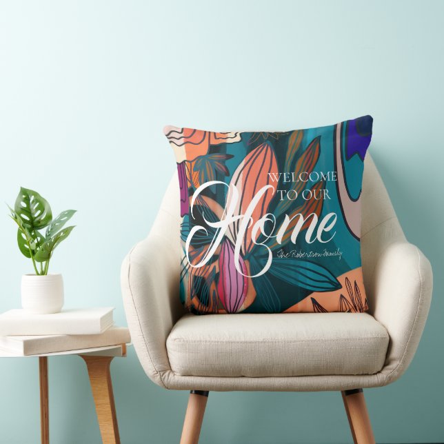 Artistic Orange Navy Blue Botanical Leaves Welcome Cushion (Chair)