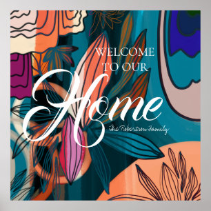 Artistic Orange Pink Navy Botanical Leaves Welcome Poster