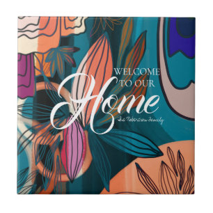 Artistic Orange Pink Navy Botanical Leaves Welcome Tile