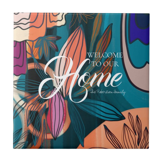 Artistic Orange Pink Navy Botanical Leaves Welcome Tile (Front)