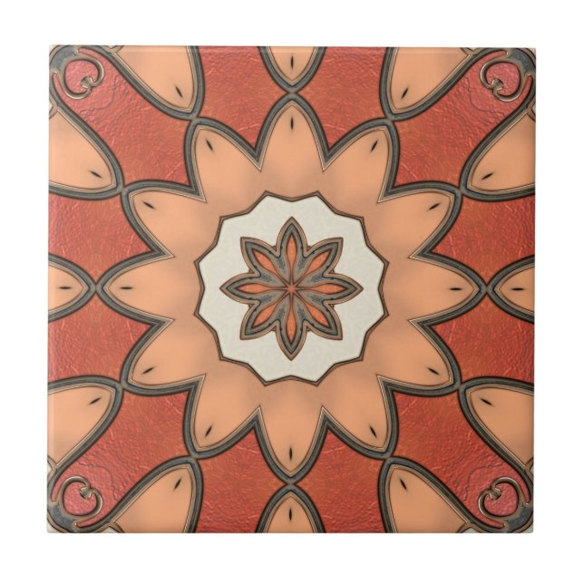 Artistic Orange Red Floral Geometric Ceramic Tile (Front)