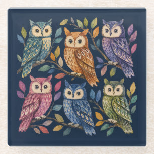 Artistic Owls Colourful Birds Nature Forest Glass Coaster