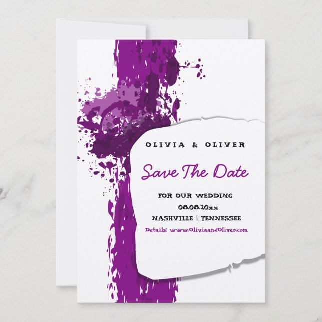 Artistic Paint Splatter Purple Save The Date Card (Front)