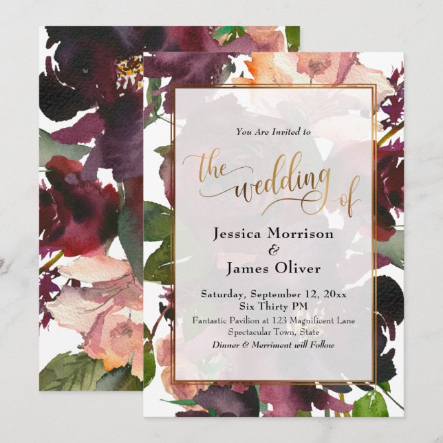 Artistic Painted Floral Gold Calligraphy Wedding Invitation (Front/Back)