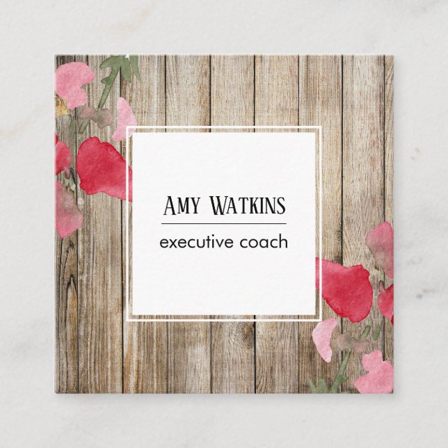 Artistic Painted Flowers Rustic Wood Social Icons Square Business Card (Front)