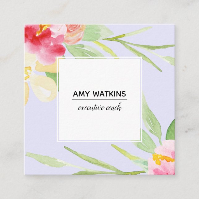 Artistic Painted Watercolor Flowers, Lavender Square Business Card (Front)
