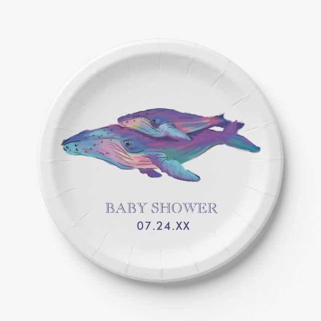 Artistic Painted Whale with Calf Baby Shower Paper Plate (Front)
