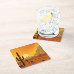 Artistic painting of 2 cacti in the background of square paper coaster