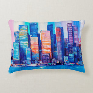 Artistic painting of skyscrapers. Abstract style. Decorative Cushion