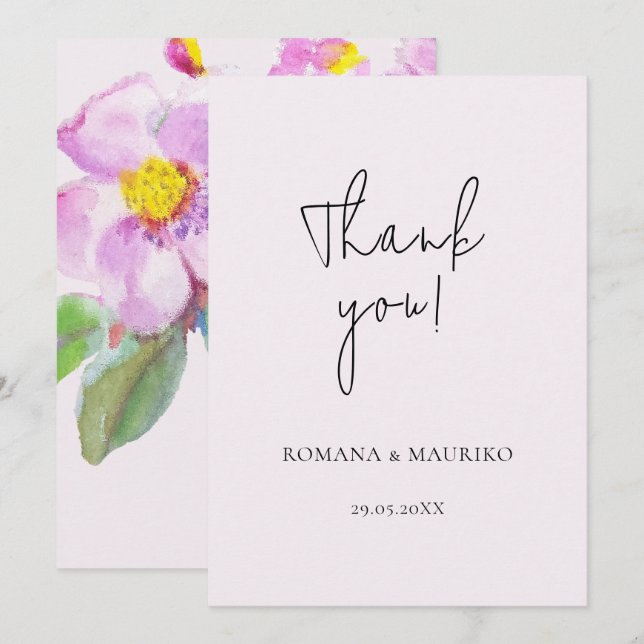 Artistic Peach Flowers Watercolor Art Thank You Card (Front/Back)