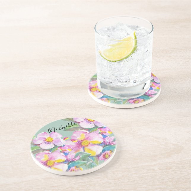 Artistic Peach Flowers Watercolor Personalised Coaster (Side)