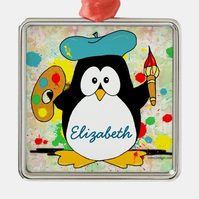 Artistic Penguin Painter Personalise Metal Tree Decoration (Front)