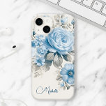 Artistic Personalised Light Pastel Blue Roses Case-Mate iPhone 14 Case<br><div class="desc">Customise this lovely design with your name or monogram. Features pale dusty blue roses,  wildflowers and hydrangea blossoms with light pastel sage foliage on eggshell background.</div>