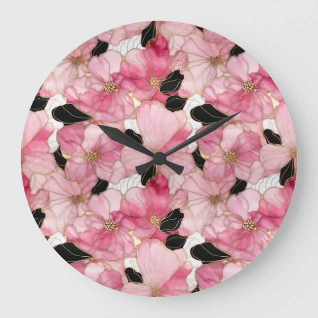 Artistic Pink Blooms Black Ink Abstract Large Clock (Front)