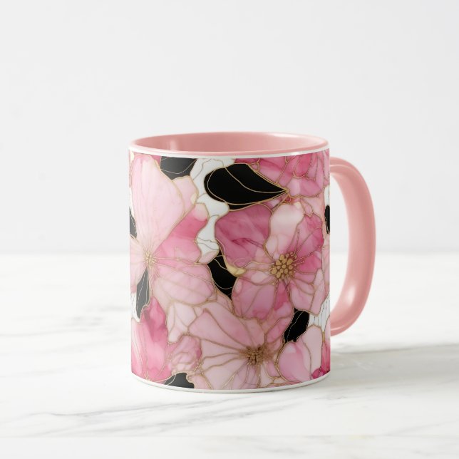 Artistic Pink Blooms Black Ink Abstract Mug (Front Right)