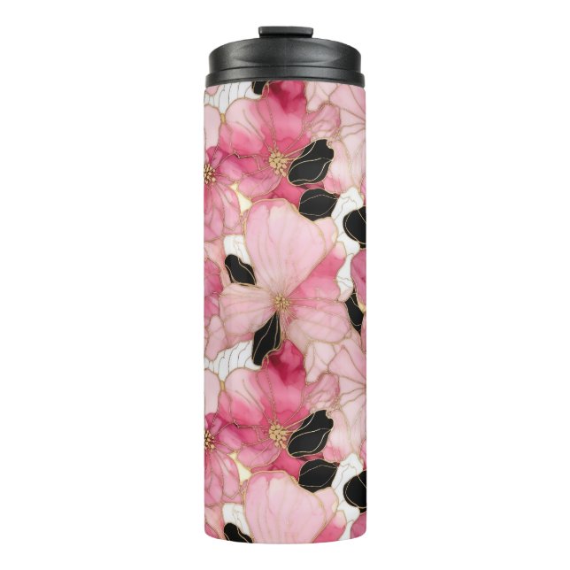 Artistic Pink Blooms Black Ink Abstract Thermal Tumbler (Front)