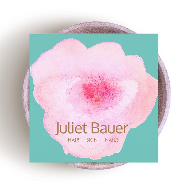 Artistic Pink Floral Watercolor Square Business Card (Creator Uploaded)