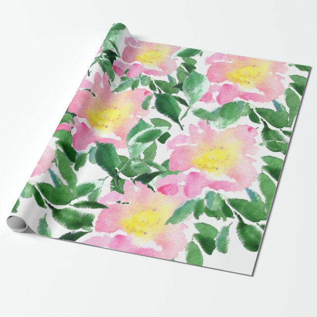 Artistic Pink Green Floral Watercolor Pattern Wrapping Paper (Unrolled)