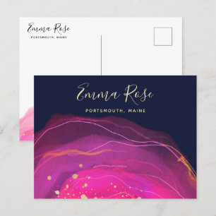 Artistic Pink Navy Watercolor Gold Splatter  Postcard