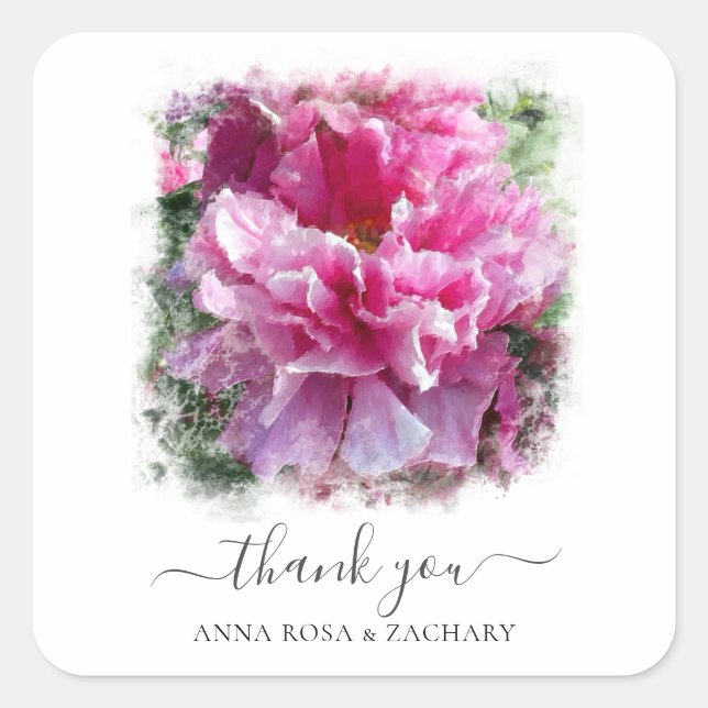 *~* Artistic Pink Peony Floral Thank You AR1 Square Sticker (Front)
