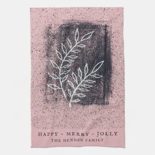 Artistic Pink White Twig Family Christmas Tea Towel