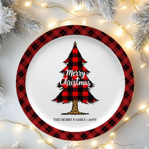 Artistic Plaid Tree Family Name Christmas Paper  Plate
