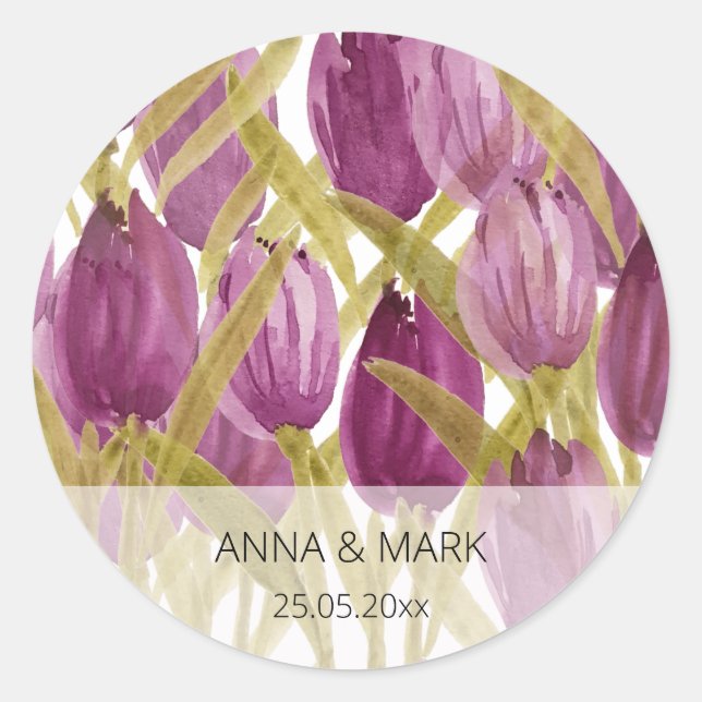 Artistic Purple Tulips Watercolor Art Classic Round Sticker (Front)